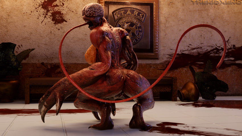 16:9 3d_(artwork) absurd_res big_butt blood bodily_fluids butt capcom claws digital_media_(artwork) exposed_brain eyeless fangs female full-length_portrait hi_res huge_filesize humanoid licker_(resident_evil) long_tongue monster muscular muscular_female nipples nude open_mouth portrait red_body resident_evil simple_background solo teeth thekidxeno thick_thighs tongue tongue_out video_games widescreen