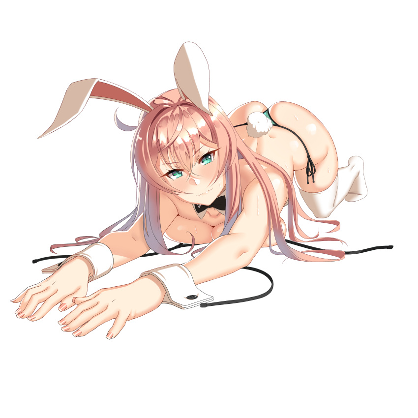 1girl absurdres all_fours animal_ears ass blush breasts danfer3 green_eyes highres long_hair looking_at_viewer original pink_hair rabbit_ears rabbit_tail smile solo tail transparent_background