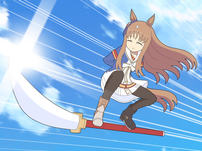 1girl animal_ears brown_hair closed_eyes commentary_request dragon_ball dragon_ball_(classic) false_smile flying grass_wonder_(umamusume) hair_ornament highres horse_ears horse_girl horse_tail kudan_(kudan4429) motion_lines pantyhose parody sky smile solo tail umamusume weapon