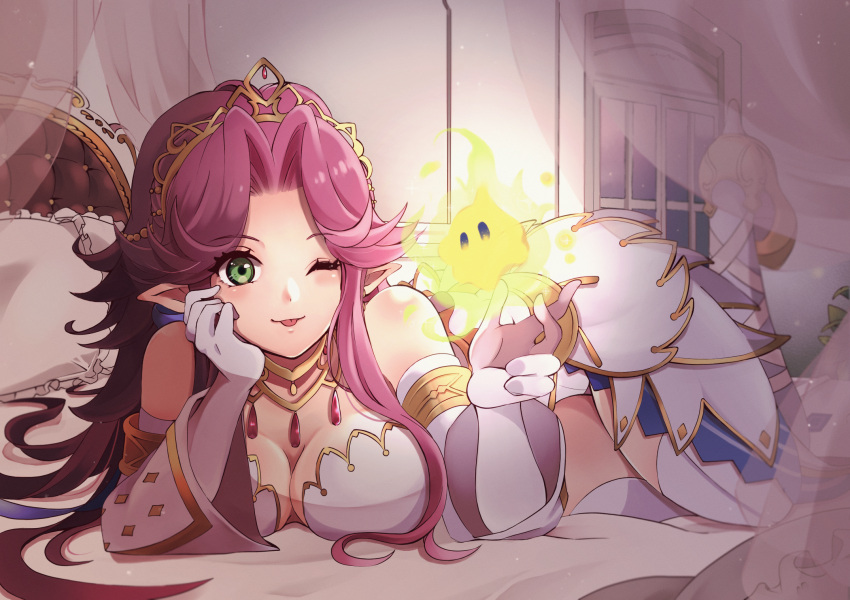 1girl angela_(seiken_densetsu_3) bare_shoulders breasts cleavage detached_sleeves dress green_eyes highres large_breasts long_hair lying mii_(03miiy) on_bed on_stomach one_eye_closed pointy_ears purple_hair seiken_densetsu seiken_densetsu_3 solo tiara white_dress