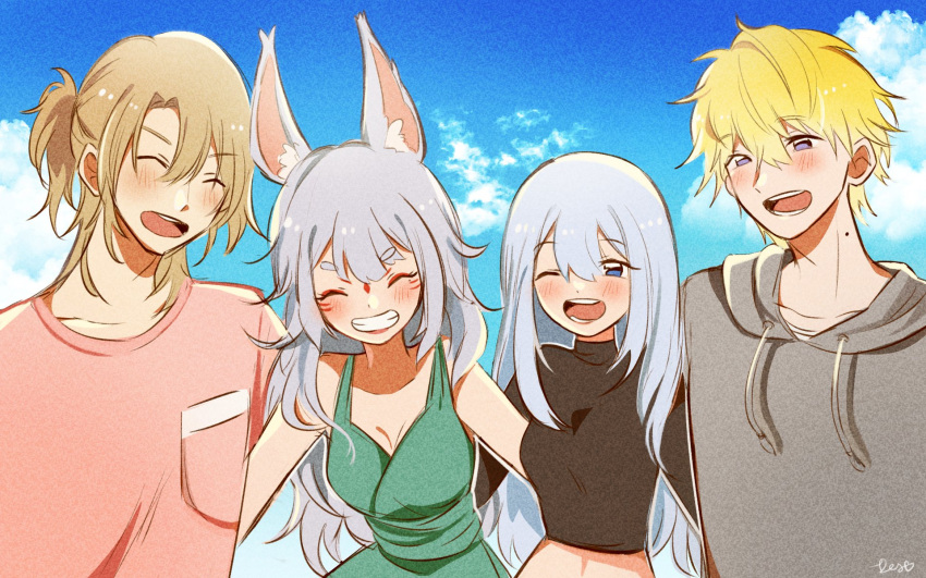 2boys 2girls ^_^ animal_ear_fluff animal_ears ban_hada black_sweater blonde_hair blue_eyes blue_hair blush closed_eyes collarbone crop_top des_(desoowee) dress english_commentary facial_mark forehead_mark fox_ears green_dress grey_hair grey_hoodie highres hood hoodie long_hair luca_kaneshiro multiple_boys multiple_girls nijisanji nijisanji_en nijisanji_kr nina_kosaka one_eye_closed pink_shirt shirt smile sonny_brisko sweater