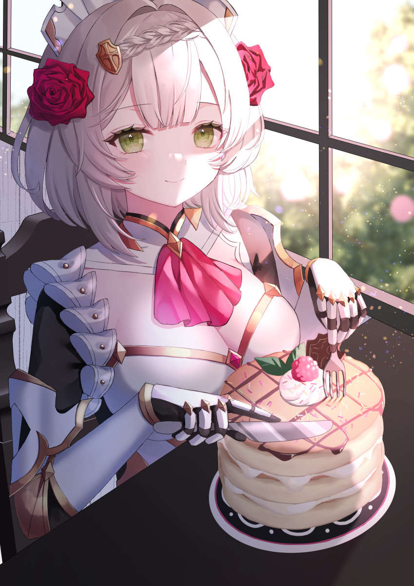 1girl absurdres armor armored_dress ascot braid flower food fork gauntlets genshin_impact green_eyes grey_hair hair_flower hair_ornament highres knife light_blush looking_at_viewer maid_headdress mochi_mochi052 noelle_(genshin_impact) pancake plate red_ascot smile solo window