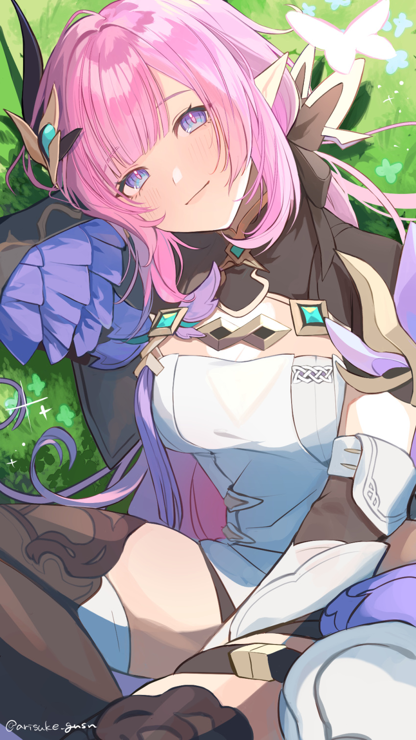 1girl arisuke_(natuyan) bangs black_footwear black_shorts blue_eyes boots breasts bug butterfly cleavage closed_mouth elf elysia_(honkai_impact) grass hair_ornament highres honkai_(series) honkai_impact_3rd long_sleeves looking_at_viewer pink_butterfly pink_hair pointy_ears ponytail shorts smile solo thigh_boots