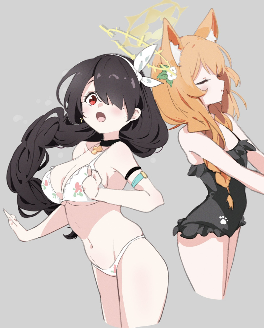 2girls animal_ear_fluff animal_ears bangs bikini black_hair black_swimsuit blue_archive blush breasts choker cleavage closed_eyes cropped_legs cross cross_earrings earrings floral_print frilled_swimsuit frills grey_background hair_ornament hair_over_one_eye hairband halo highres hinata_(blue_archive) jewelry large_breasts long_hair mari_(blue_archive) multiple_girls ocha_(popopogg) one-piece_swimsuit open_mouth orange_hair parted_lips red_eyes simple_background single_earring sketch swimsuit white_bikini white_hairband