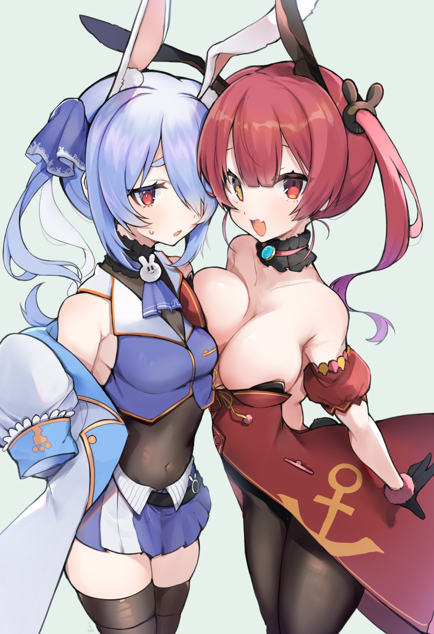 2girls :d alternate_color animal_ears aqua_background ascot bare_shoulders black_choker black_gloves black_pantyhose blue_ascot blue_ribbon breast_press breasts brown_thighhighs choker cleavage collarbone cosplay costume_switch covered_navel frilled_choker frills gloves hair_ribbon heterochromia highres hololive houshou_marine jacket large_breasts looking_at_viewer medium_breasts multiple_girls oimo_0imo pantyhose rabbit_ears red_eyes ribbon simple_background sleeves_past_fingers sleeves_past_wrists smile thighhighs thighs usada_pekora virtual_youtuber white_jacket yellow_eyes