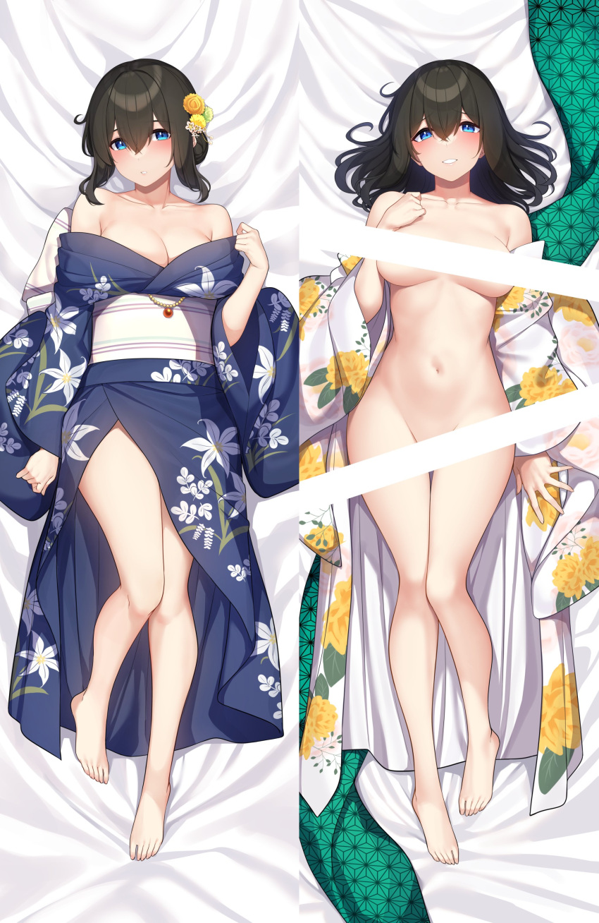 1girl :o absurdres aqua_eyes bar_censor bare_legs bare_shoulders barefoot bed_sheet black_hair blue_kimono blush breasts censored cleavage collarbone covered_nipples dakimakura_(medium) dual_persona floral_print full_body go-1 groin hair_bun highres idolmaster idolmaster_cinderella_girls japanese_clothes kimono large_breasts looking_at_viewer lying naked_kimono navel obi off_shoulder on_back print_kimono sagisawa_fumika sash single_side_bun smile thigh_gap toes wide_sleeves