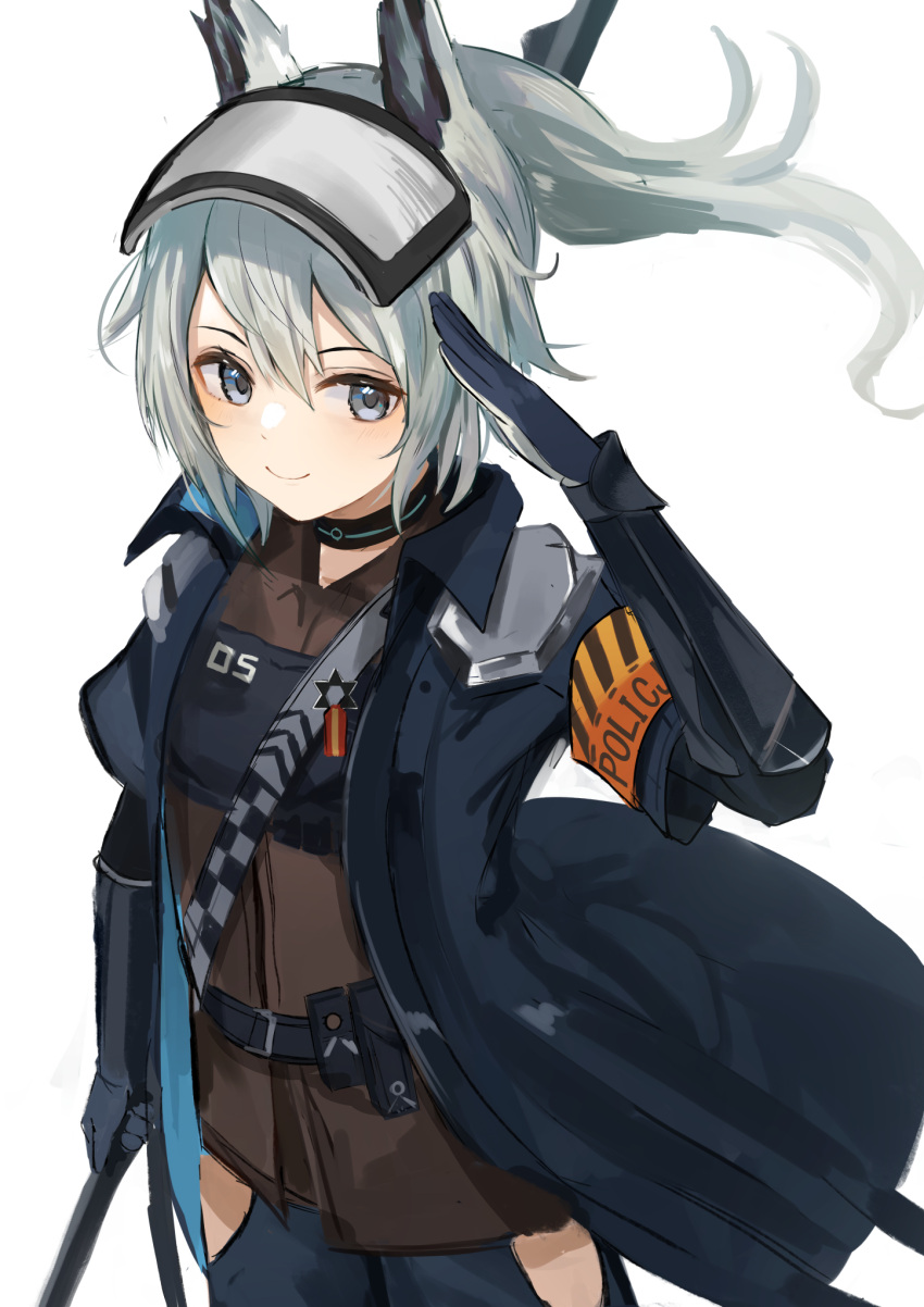 1girl animal_ear_fluff animal_ears arknights arm_up armband azuazu_0405 black_gloves black_jacket brown_shirt closed_mouth elbow_gloves gloves grani_(arknights) grey_eyes grey_hair highres holding jacket long_hair open_clothes open_jacket ponytail salute shirt short_sleeves simple_background smile solo white_background