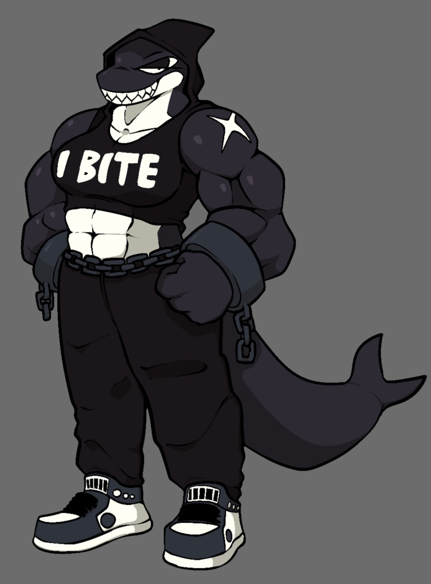 abs anthro barazoku belt biceps big_tail black_body black_skin black_tail bottomwear cetacean chain chain_belt clothed clothing cuff_(restraint) english_text eyelashes female fist footwear grey_background half-closed_eyes happy hi_res hoodie jordan_(sludgetoons) long_tail looking_at_viewer mammal marine multicolored_body multicolored_skin muscular muscular_anthro muscular_female narrowed_eyes pants portrait pupils restraints scar shackles shadow sharp_teeth shirt shoes simple_background sludgetoons small_pupils smile smiling_at_viewer smug solo standing tank_top teeth text thick_tail thick_thighs toony topwear triceps white_body white_skin