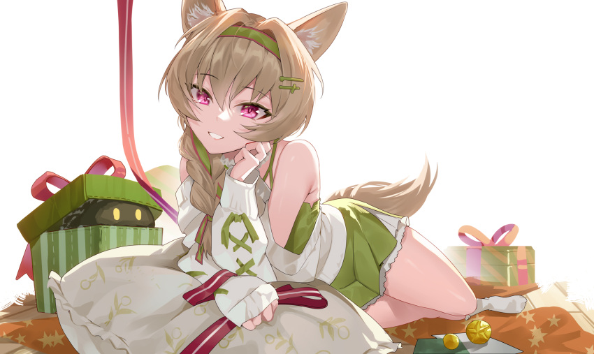 1girl arknights armpit_crease bangs bare_shoulders beanstalk_(arknights) beanstalk_(gift_uncompleted)_(arknights) braid brown_hair gift hair_ornament hairband hairclip highres hongbaise_raw hyena_girl hyena_tail metal_crab_(arknights) off-shoulder_sweater off_shoulder official_alternate_costume parted_lips pillow purple_eyes solo sweater