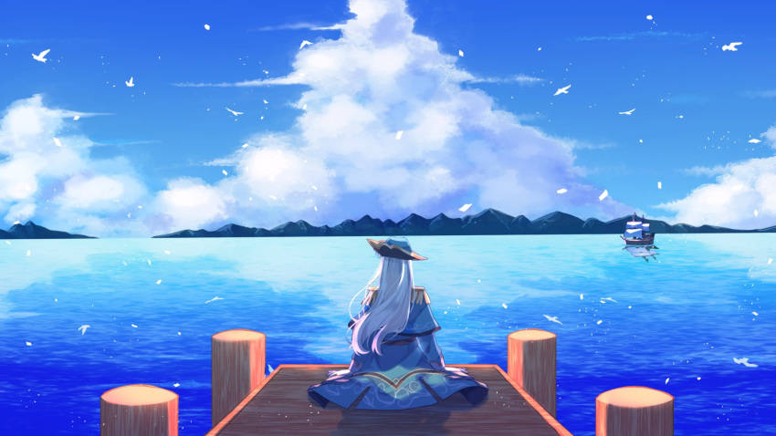 1girl ban_hada bird blue_capelet blue_headwear blue_jacket boat capelet cloud commission english_commentary from_behind grey_hair hat highres jacket mountainous_horizon nijisanji nijisanji_kr ocean pirate_hat scenery second-party_source sitting sky solo sson_(51db_) virtual_youtuber watercraft