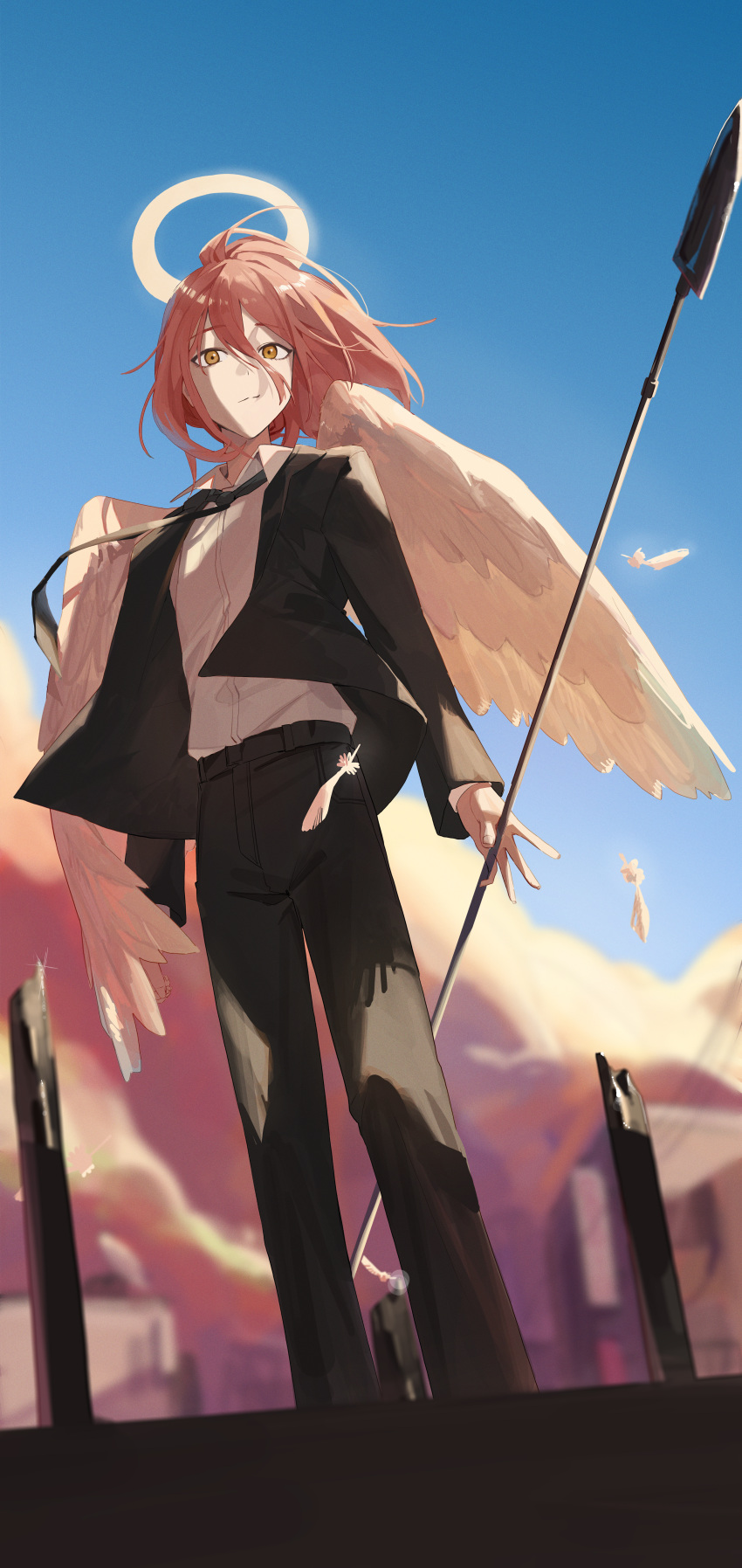 1boy absurdres angel angel_devil_(chainsaw_man) angel_wings black_necktie blue_sky blurry blurry_background broken brown_eyes chainsaw_man closed_mouth cloud feathers film_grain formal glint glowing hair_between_eyes halo highres holding holding_polearm holding_weapon looking_at_viewer male_focus necktie outdoors polearm red_eyes shirt_tucked_in sky so_shio spear suit weapon wind wings