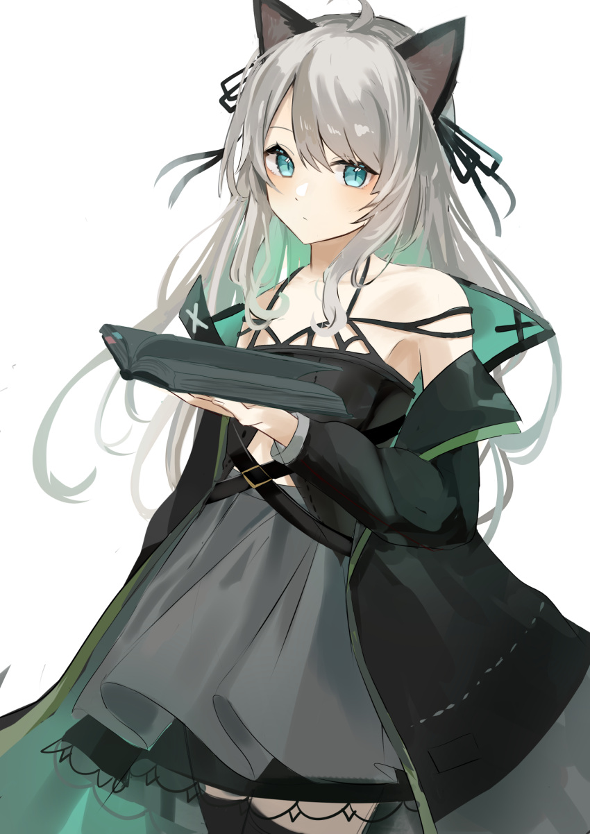 1girl ahoge animal_ear_fluff animal_ears arknights azuazu_0405 bangs bare_shoulders black_jacket black_ribbon blue_eyes book closed_mouth grey_hair grey_skirt hair_between_eyes hair_ribbon hand_up highres holding holding_book jacket long_hair long_sleeves looking_at_viewer mint_(arknights) off_shoulder open_book open_clothes open_jacket pleated_skirt puffy_long_sleeves puffy_sleeves ribbon simple_background skirt solo standing thighhighs very_long_hair white_background