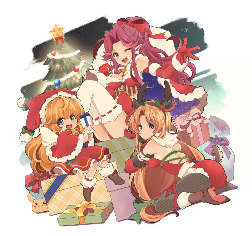 3girls :d angela_(seiken_densetsu_3) blonde_hair blue_eyes bow box cape capelet charlotte_(seiken_densetsu_3) christmas christmas_tree dress elbow_gloves fake_antlers fishnet_pantyhose fur-trimmed_cape fur-trimmed_capelet fur_trim gift gift_box gloves green_eyes hair_bow hat highres long_hair looking_at_viewer looking_back mii_(03miiy) multiple_girls one_eye_closed pointy_ears purple_hair rabite red_bow red_cape red_capelet red_dress red_gloves red_headwear riesz santa_dress seiken_densetsu seiken_densetsu_3 sitting smile wavy_hair