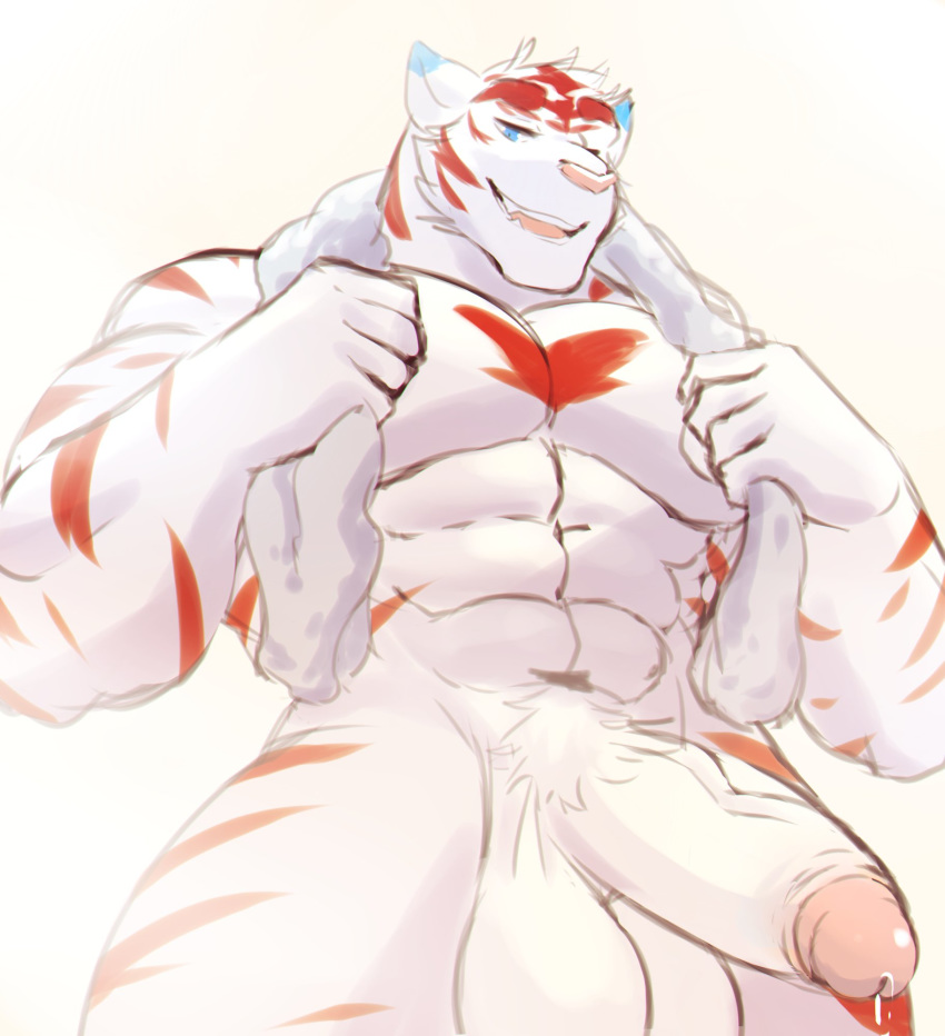 anthro balls colored_sketch felid fur half-erect humanoid_penis looking_at_viewer male mammal muscular muscular_male open_mouth pantherine penis precum pubes simple_background smile solo soraa standing tiger towel uncut vein