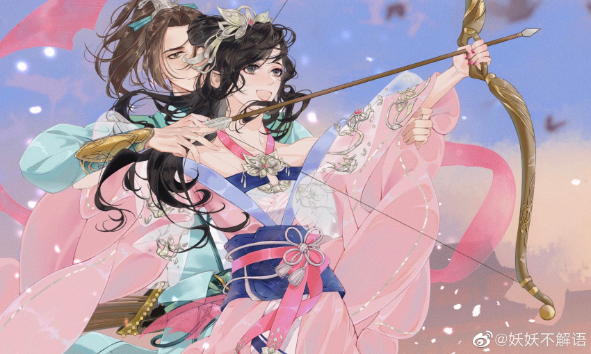 1boy 1girl absurdres aiming arrow_(projectile) bow_(weapon) brown_hair character_request chi_lian_(qin_shi_ming_yue) cui_fa_lanzhou dress hair_bun highres long_hair long_sleeves open_mouth pink_dress ponytail qin_shi_ming_yue sash second-party_source smile tiara weapon