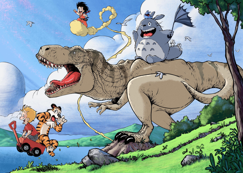 2boys absurdres bangs bird black_hair blonde_hair bush calvin calvin_&amp;_hobbes cloud commentary crossover day dinosaur dougi dragon_ball dragon_ball_(classic) flying flying_nimbus full_body geebler grass grey_shorts highres hill hobbes horizon jurassic_park kodama lake mononoke_hime mountain multiple_boys multiple_crossover nyoibo open_mouth outdoors portuguese_commentary procreate_(medium) red_shirt rock running shirt short_hair shorts smile son_goku tiger tonari_no_totoro totoro tyrannosaurus_rex umbrella wagon