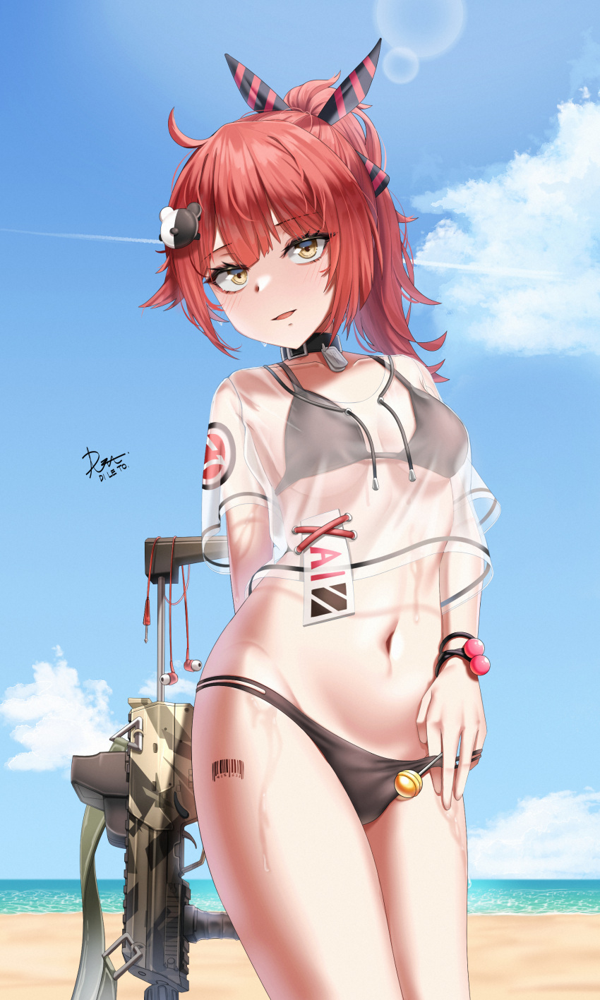 1girl absurdres ahoge arm_behind_back barcode barcode_tattoo beach bikini black_bikini black_choker breasts candy choker collarbone cowboy_shot crop_top crop_top_overhang day di_le_to dog_tags drawstring earphones food girls'_frontline gun h&amp;k_mp7 hair_ornament hair_ribbon highres holding leg_tattoo lollipop long_hair looking_at_viewer medium_breasts mp7_(girls'_frontline) mp7_(lollipop_ammo)_(girls'_frontline) multi-strapped_bikini navel no_pants open_mouth outdoors ponytail red_hair ribbon see-through shirt short_sleeves smile solo standing stomach string_bikini submachine_gun swimsuit tattoo thighs weapon wet white_shirt yellow_eyes