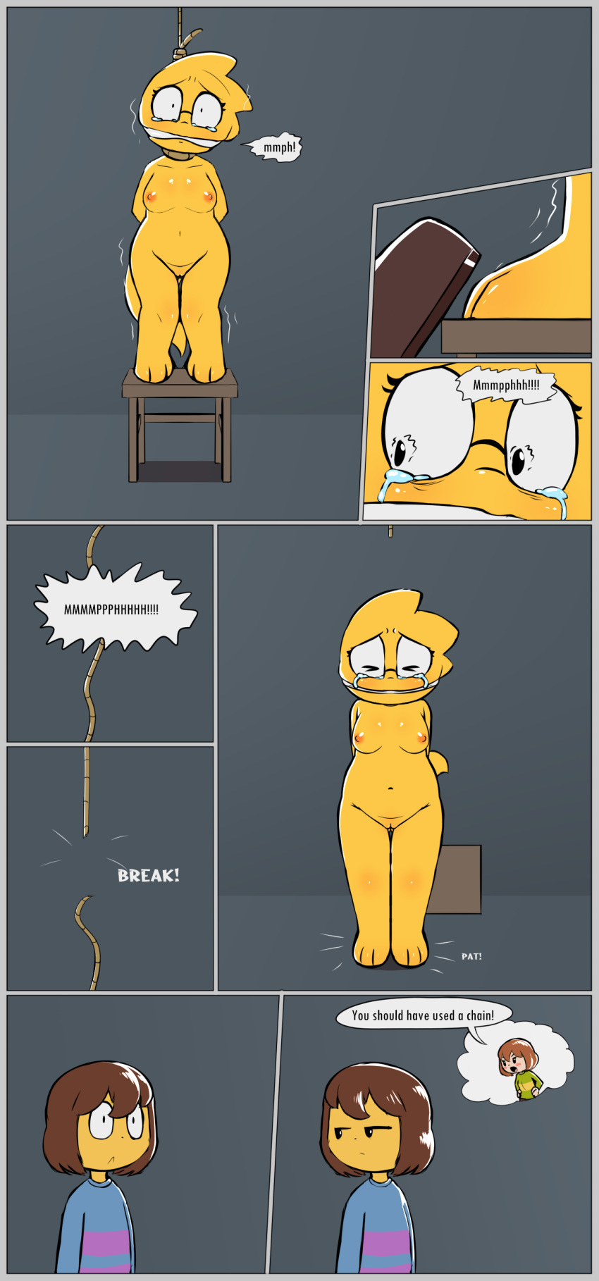 absurd_res child comic duo e254e english_text female genitals hanged hi_res human humanoid male male/female mammal nude pussy text yellow_body young