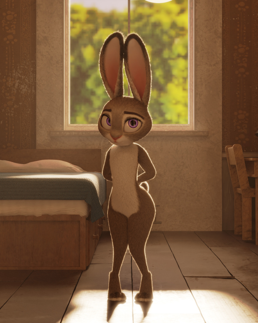 absurd_res anthro disney ears_up eyelashes feet female fever-dreamer flat_chested fur furniture grey_body grey_fur hi_res inside judy_hopps knock-kneed lagomorph leporid looking_at_viewer mammal multicolored_body multicolored_ears multicolored_fur nude pigeon_toed purple_eyes purple_sclera rabbit short_tail solo two_tone_body two_tone_ears two_tone_fur white_body white_fur zootopia