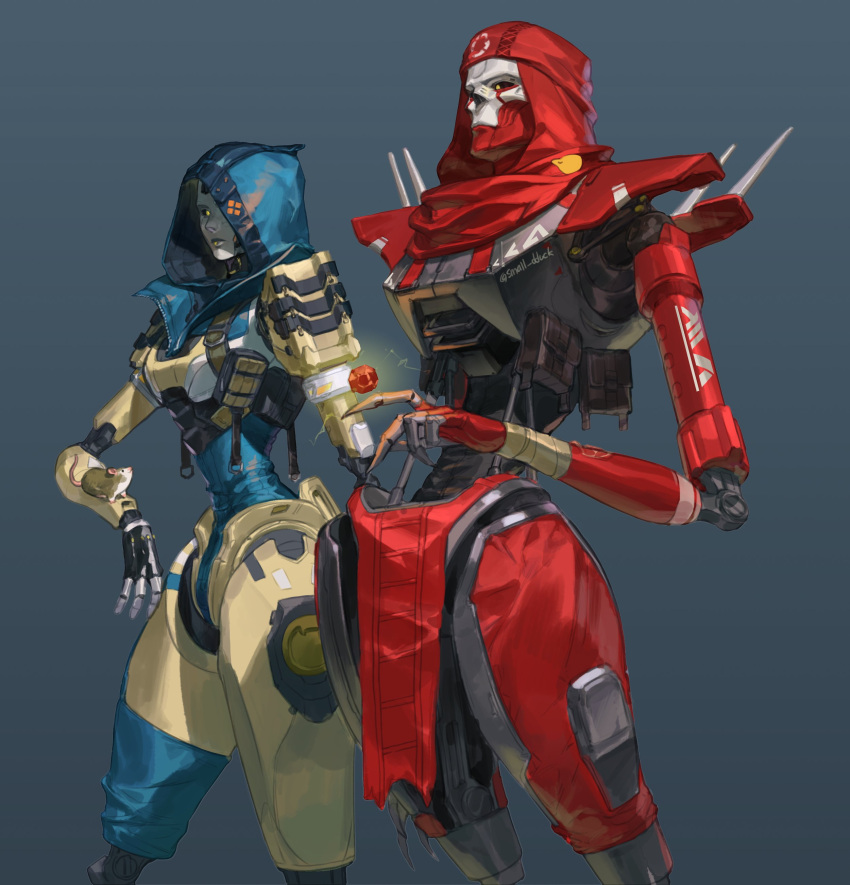 1boy 1girl absurdres android apex_legends ash_(titanfall_2) bandana black_sclera blue_background colored_sclera highres humanoid_robot korean_commentary leaning_back leaning_forward loincloth piston red_bandana red_scarf revenant_(apex_legends) scarf simulacrum_(titanfall) small_dduck yellow_eyes