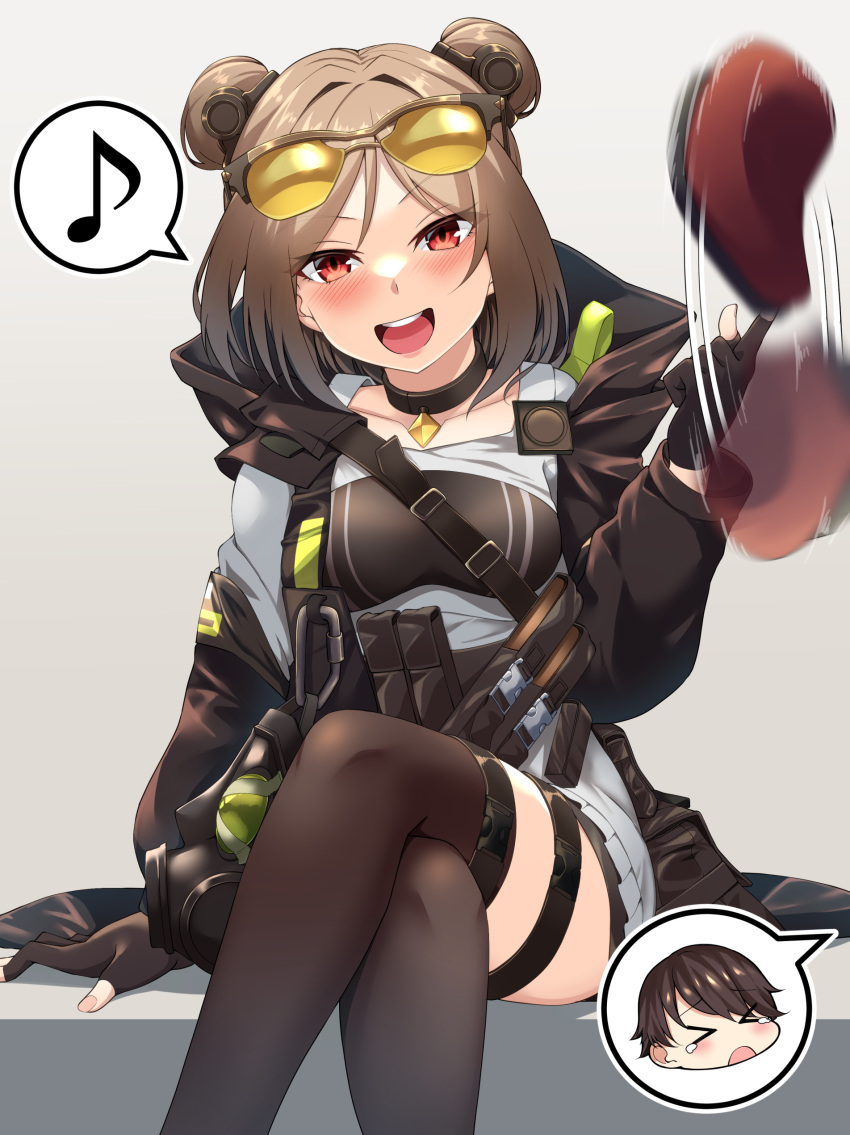1girl 4tb_(4tera_byte) absurdres beret black_gloves black_jacket black_thighhighs breasts crossed_legs double_bun eyewear_on_head girls'_frontline gloves hair_bun hat highres holding holding_clothes holding_hat jacket light_brown_hair long_sleeves medium_breasts musical_note open_clothes open_jacket p90_(girls'_frontline) partially_fingerless_gloves red_eyes red_headwear sitting speech_bubble spoken_musical_note sunglasses tactical_clothes thigh_strap thighhighs tinted_eyewear yellow-tinted_eyewear
