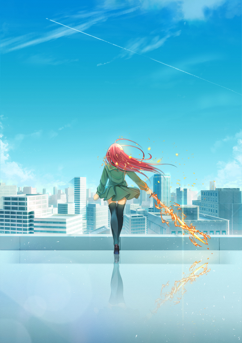 1girl absurdres ahoge black_thighhighs blue_sky building city cityscape commentary_request fire from_behind green_sailor_collar green_serafuku green_skirt harina_taku highres holding holding_sword holding_weapon long_hair long_sleeves misaki_high_school_uniform outdoors red_hair reflection reflective_floor rooftop sailor_collar scenery school_uniform serafuku shakugan_no_shana shana skirt sky skyscraper solo sword thighhighs walking weapon zettai_ryouiki