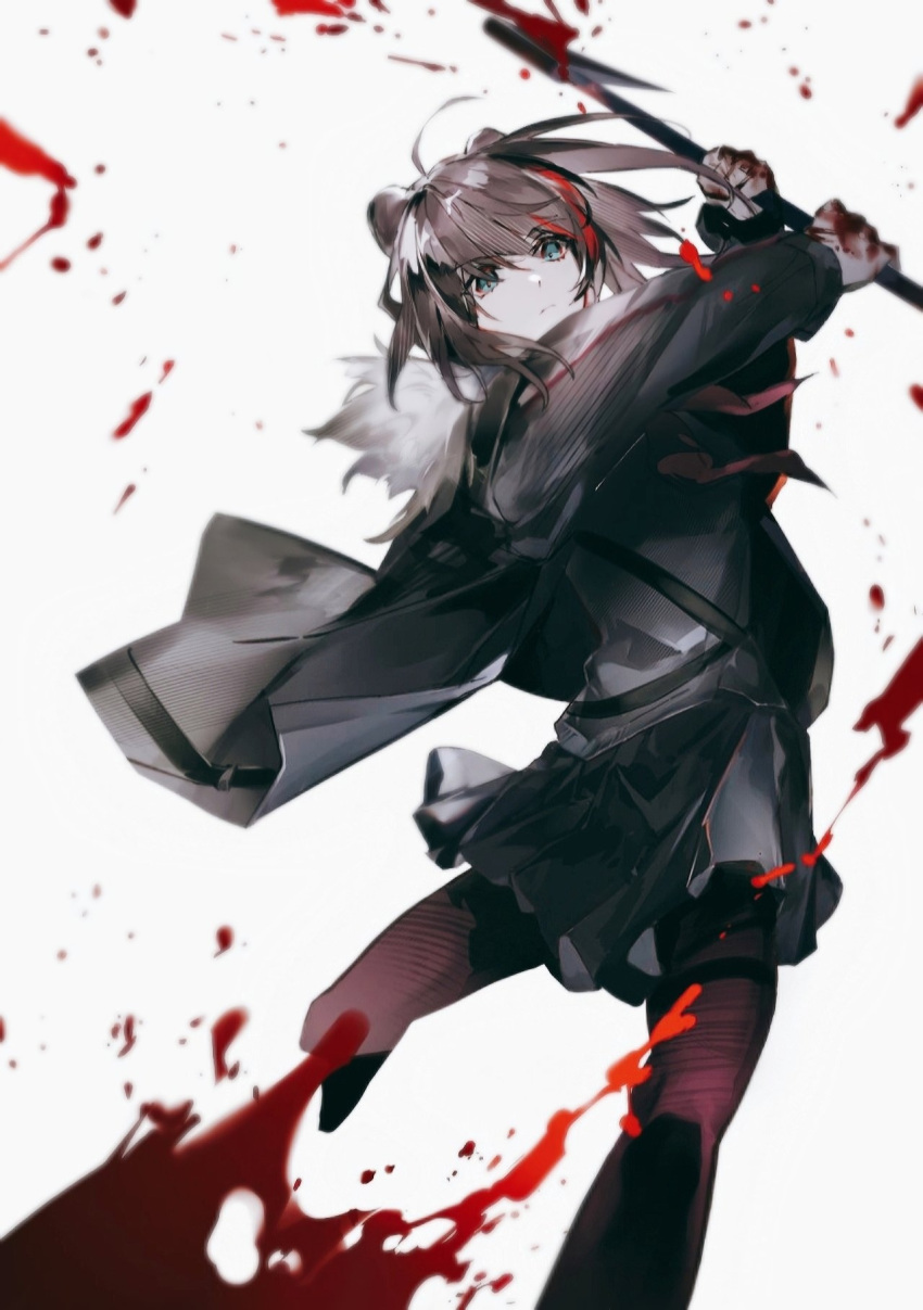 1girl ahoge animal_ears arknights axe bear_ears bear_girl black_jacket black_skirt blood blood_on_weapon blue_eyes brown_hair cheonyeon-hi cropped_legs feet_out_of_frame fur-trimmed_jacket fur_trim highres holding holding_axe holding_weapon jacket long_hair looking_at_viewer neckerchief pantyhose red_neckerchief red_pantyhose simple_background skirt solo v-shaped_eyebrows weapon white_background zima_(arknights)
