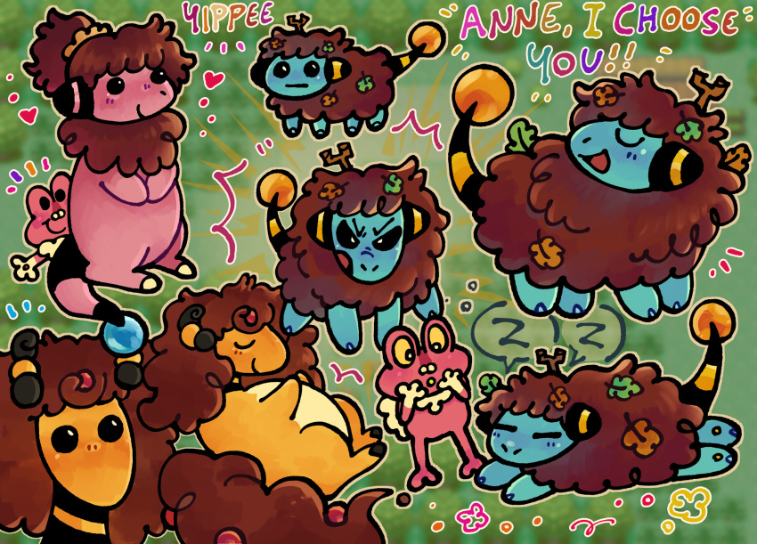 &lt;3 alternate_species amphibia_(series) angry anne_boonchuy anthro blue_body blue_tail_orb brown_body brown_fur brown_wool disney emanata eyes_closed female feral fur green_background hand_to_face hi_res horn ivysundews leaves_in_hair male multicolored_text narrowed_eyes nintendo open_mouth orange_body orange_tail_orb pink_body pink_emanata pok&eacute;mon pok&eacute;mon_(species) simple_background sleeping sound_effects sprig_plantar tail_orb tbh_(character) video_games wool_(fur) zzz