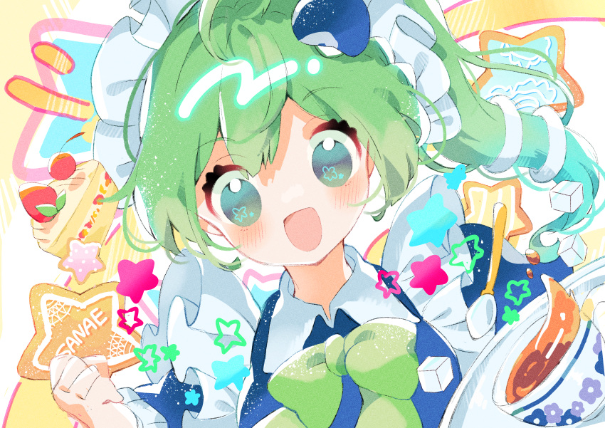 1girl :d absurdres alternate_costume alternate_hairstyle apron bangs blue_dress blush bow bowtie cake cake_slice character_name clenched_hand collared_dress commentary_request cookie cup dress food green_bow green_bowtie green_eyes green_hair hair_ornament highres kochiya_sanae long_hair long_sleeves looking_at_viewer maid maid_apron maid_headdress mikako_chan3 open_mouth plate side_ponytail smile solo star-shaped_cookie star_(symbol) sugar_cube tea teacup teaspoon touhou upper_body wing_collar