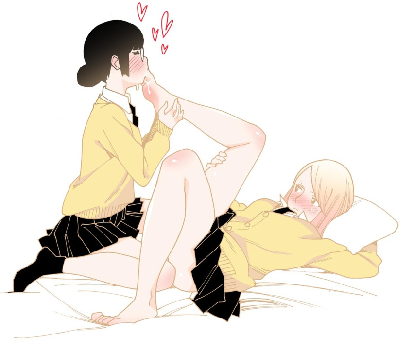 2girls black_hair blonde_hair commentary_request feet foot_up glasses gyaru heart kishi_torajirou knee_blush kogal licking licking_foot lying multiple_girls on_back original pillow saliva school_uniform toe_sucking toes yuri