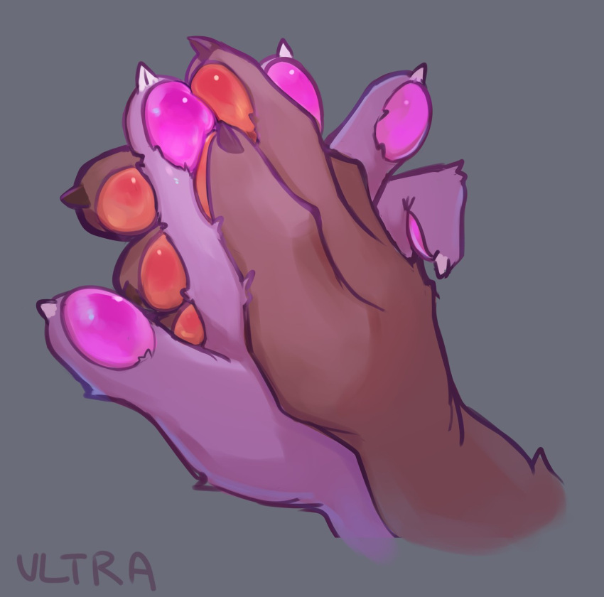 2022 5_fingers ambiguous/ambiguous ambiguous_gender anthro brown_body brown_fingerpads brown_fur claws digital_media_(artwork) duo felid female_(lore) fingerpads fingers fur grey_background hand_holding hand_shot hi_res mammal pawpads pink_fingerpads purple_body purple_fur simple_background ultra_(ultrabondagefairy) ultrabondagefairy