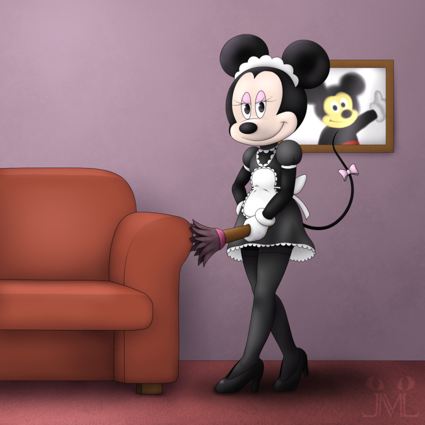 anthro black_nose cleaning_tool clothed clothing detailed_background digital_media_(artwork) disney eyelashes feather_duster female furniture gloves handwear hi_res jonatanm legwear looking_at_viewer maid_apron maid_hat maid_headdress maid_uniform mammal minnie_mouse mouse murid murine rodent smile sofa solo stockings uniform watermark