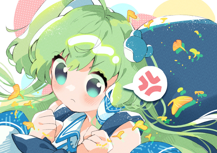 1girl absurdres anger_vein bangs bare_shoulders blue_bow blue_shirt blush bow clenched_hands closed_mouth collared_shirt commentary_request detached_sleeves frog_hair_ornament frown green_eyes green_hair hair_ornament hair_tubes highres holding kochiya_sanae long_hair looking_at_viewer mikako_chan3 shirt single_hair_tube sleeveless sleeveless_shirt solo speech_bubble touhou two-tone_shirt upper_body white_shirt wide_sleeves wing_collar