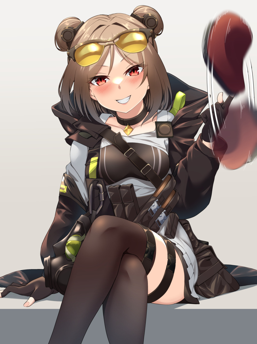 1girl 4tb_(4tera_byte) absurdres beret black_gloves black_jacket black_thighhighs breasts crossed_legs double_bun eyewear_on_head girls'_frontline gloves hair_bun hat highres holding holding_clothes holding_hat jacket light_brown_hair long_sleeves medium_breasts open_clothes open_jacket p90_(girls'_frontline) partially_fingerless_gloves red_eyes red_headwear sitting solo sunglasses tactical_clothes thigh_strap thighhighs tinted_eyewear yellow-tinted_eyewear