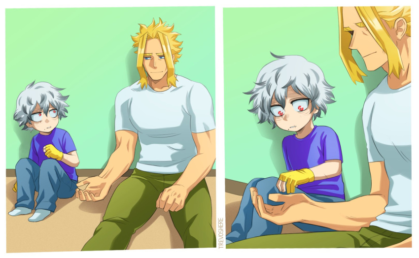 2boys all_might alternate_universe artist_name bangs blue_eyes blue_pants blue_shirt boku_no_hero_academia child collarbone gloves green_background green_pants grey_hair hair_between_eyes half_gloves highres knees_up multicolored_hair multiple_boys pants parted_bangs shigaraki_tomura shiny shiny_hair shirt short_sleeves sitting trevo_(trevoshere) two-tone_hair white_shirt yagi_toshinori yellow_gloves younger