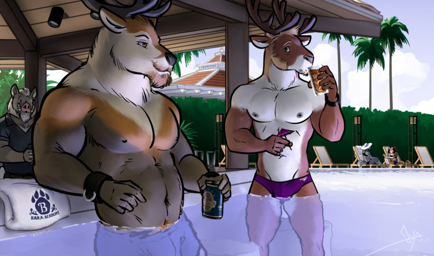 alcohol anthro bedroom_eyes beverage bgn bulge cervid clothing cuff_(restraint) duo facial_hair father leaning male male/male mammal muscular narrowed_eyes nipples parent poolside restraints seductive speedo suid suina sus_(pig) swimwear towel wild_boar wrist_cuffs