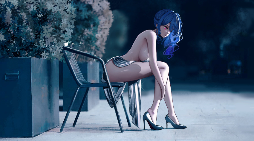 1girl absurdres azur_lane backless_dress backless_outfit bare_shoulders blue_hair breasts chair dress evening_gown full_body grey_dress halter_dress halterneck high_heels highres large_breasts leaning_forward long_hair looking_at_viewer night official_alternate_costume pink_eyes plunging_neckline revealing_clothes salted_fish_smile shiny shiny_skin side_ponytail sidelocks silver_dress silver_footwear sitting solo st._louis_(azur_lane) st._louis_(luxurious_wheels)_(azur_lane) stiletto_heels