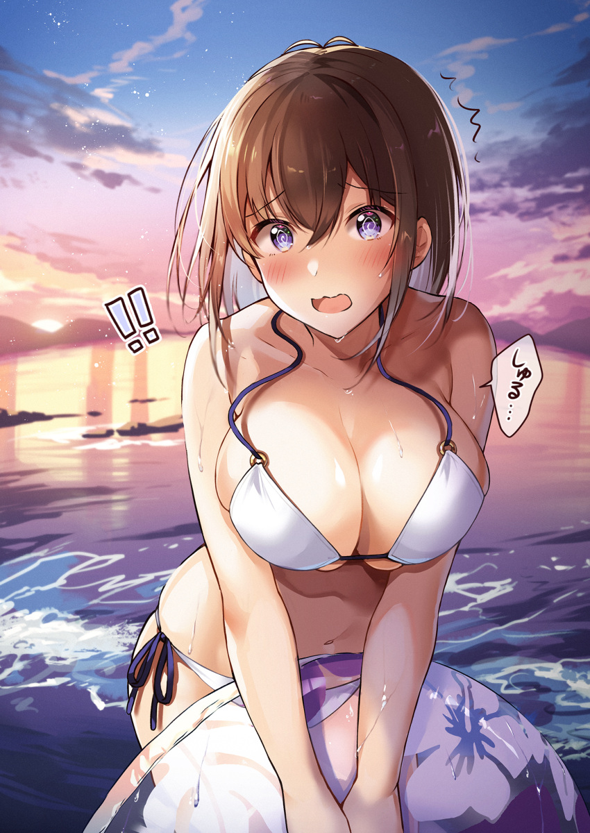 ! !! 1girl @_@ bangs bikini blue_eyes blush breasts brown_hair cleavage cloud collarbone commentary_request evening highres holding holding_innertube innertube large_breasts medium_hair mountainous_horizon navel ocean open_mouth original outdoors parted_lips shiro_kuma_shake side-tie_bikini sky smile solo sunset surprised swimsuit trembling water wet white_bikini