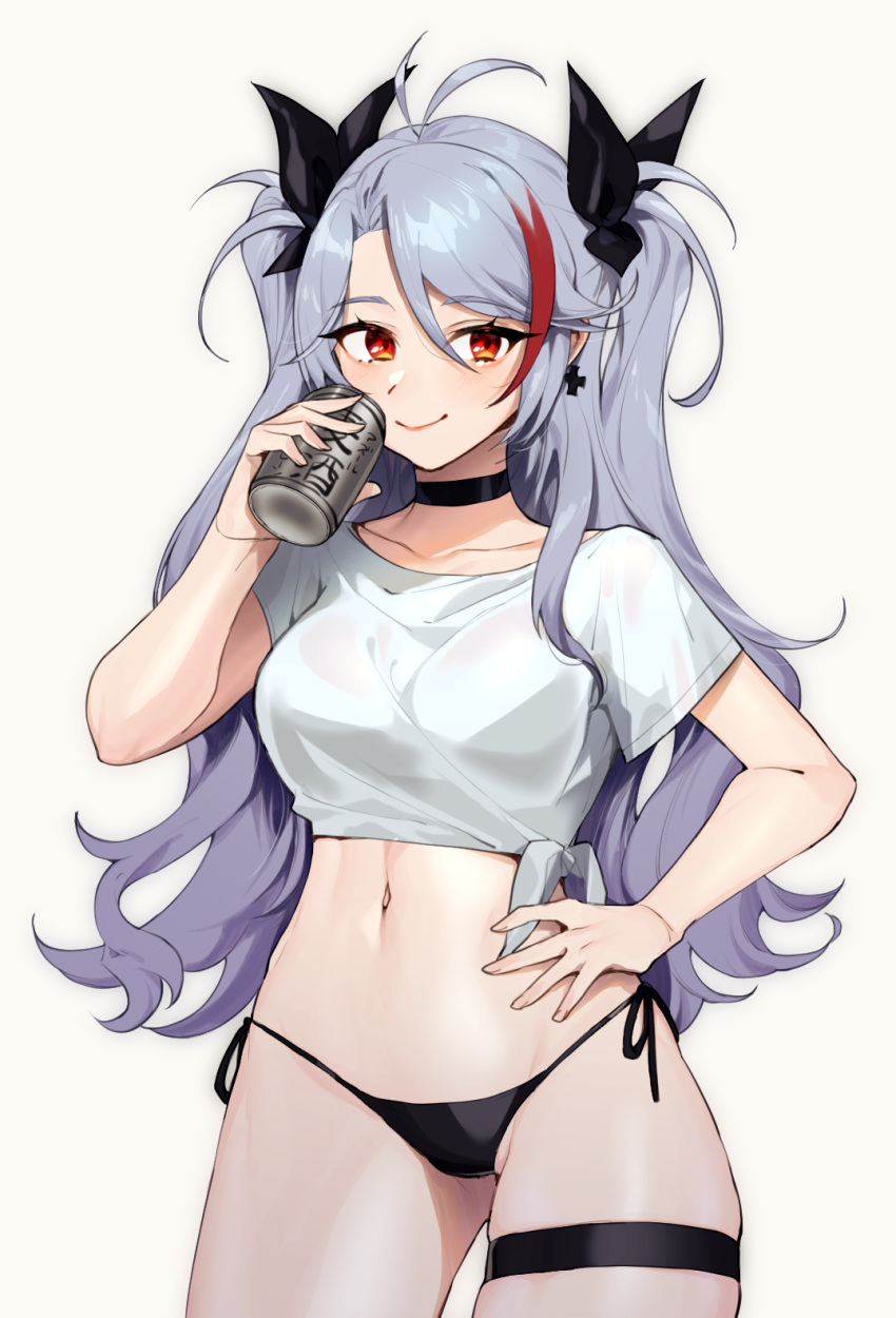 1girl alternate_costume antenna_hair azur_lane bangs bikini black_choker breasts can choker commentary_request cowboy_shot crop_top grey_background grey_hair hair_between_eyes hand_on_hip hand_up highres holding holding_can long_hair looking_at_viewer medium_breasts midriff mimiko_(fuji_310) navel prinz_eugen_(azur_lane) red_eyes red_hair shirt short_sleeves side-tie_bikini simple_background smile solo standing stomach swimsuit thigh_strap thighs tied_shirt two_side_up very_long_hair white_shirt