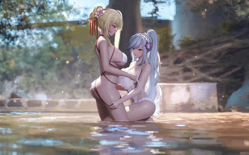 2girls absurdres ass azur_lane bikini blonde_hair blue_eyes blurry blurry_background breasts choker day dunkerque_(azur_lane) flower glorious_(azur_lane) glorious_(pungent_plum)_(azur_lane) hair_flower hair_ornament hair_stick highres large_breasts light_purple_hair long_hair multiple_girls nude official_alternate_costume outdoors panties purple_flower red_choker red_eyes salted_fish_smile see-through swimsuit tree underwear very_long_hair wading water white_bikini white_flower white_panties yuri