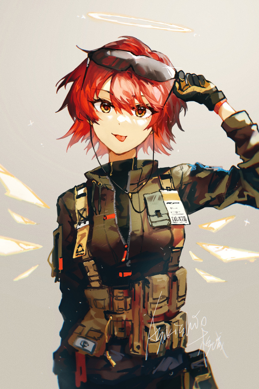 1girl :p absurdres adjusting_eyewear arknights artist_name asakishiosugishiro black_gloves black_jacket breasts detached_wings earbuds earphones energy_wings exusiai_(arknights) exusiai_(wild_operation)_(arknights) food gloves grey_background halo hand_up highres id_card jacket long_sleeves looking_at_viewer official_alternate_costume pocky red_hair short_hair simple_background small_breasts solo straight-on sunglasses tactical_clothes tongue tongue_out vest wings yellow_eyes