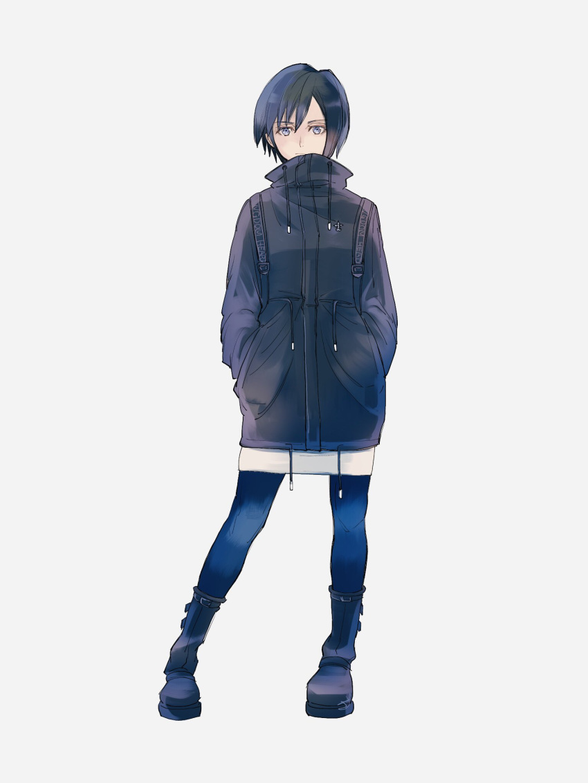 1girl alternate_costume artist_request bangs black_coat black_hair blue_eyes boots coat full_body hands_in_pockets highres kingdom_hearts long_coat long_sleeves looking_at_viewer organization_xiii pants short_hair xion_(kingdom_hearts)