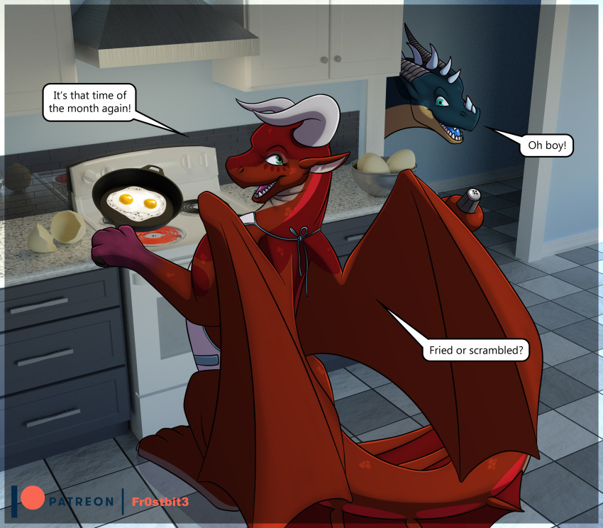 absurd_res apron brown_body clothing cooking cookware dialogue dragon duo egg eliot_the_artificer english_text female feral fr0stbit3 frying_pan graineater green_eyes hi_res kitchen kitchen_utensils male male/female scalie text tools western_dragon wings