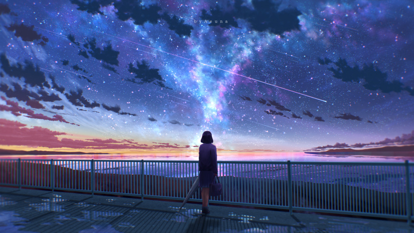 1girl aeuna artist_name bag black_hair cloud commentary english_commentary evening galaxy highres holding holding_bag holding_umbrella original outdoors puddle railing reflection rural scenery school_bag school_uniform shooting_star short_hair sky solo standing star_(sky) starry_sky umbrella watermark wide_shot