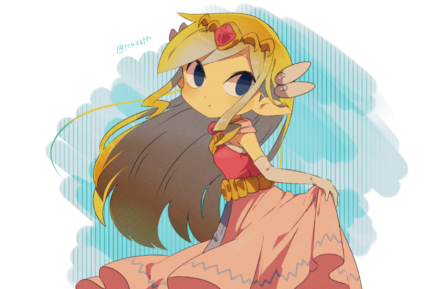 1girl artist_name back belt blonde_hair blue_eyes blush dress floating_hair gloves highres jewelry long_hair looking_at_viewer multicolored_hair necklace pink_dress princess_zelda solo the_legend_of_zelda the_legend_of_zelda:_spirit_tracks the_legend_of_zelda:_the_wind_waker tiara tokuura toon_zelda