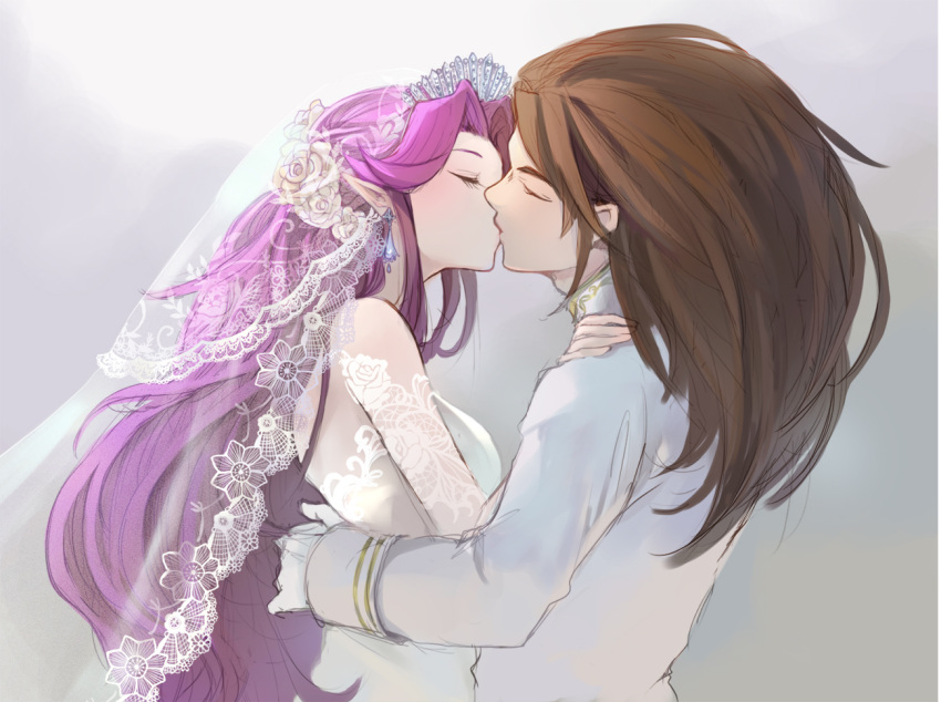 1boy 1girl angela_(seiken_densetsu_3) bridal_veil bride brown_hair closed_eyes commentary_request couple crown dress duran_(seiken_densetsu_3) earrings flower formal gloves groom hair_flower hair_ornament jacket jewelry kiss long_hair mogg_magg purple_hair rose seiken_densetsu seiken_densetsu_3 suit upper_body veil very_long_hair wedding wedding_dress white_dress white_flower white_gloves white_jacket white_rose white_suit