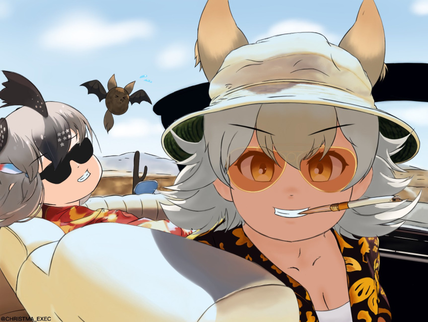 2girls animal_costume animal_ear_fluff animal_ears bird_girl car christma_exec cigarette coyopotato coyote_(kemono_friends) coyote_ears coyote_girl driving fear_and_loathing_in_las_vegas greater_roadrunner_(kemono_friends) ground_vehicle hat highres kemono_friends kemono_friends_v_project looking_at_viewer motor_vehicle multiple_girls shirt smile sunglasses virtual_youtuber wings