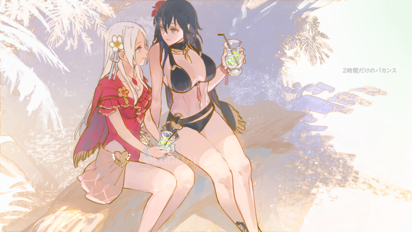 2girls bikini black_bikini blue_hair breasts byleth_(fire_emblem) byleth_(fire_emblem)_(female) cape cleavage cocktail_glass cup drinking_glass edelgard_von_hresvelg fire_emblem fire_emblem:_three_houses fire_emblem_heroes flower hair_flower hair_ornament highres l0gman large_breasts looking_at_another multiple_girls official_alternate_costume one-piece_swimsuit red_swimsuit sitting swimsuit white_hair