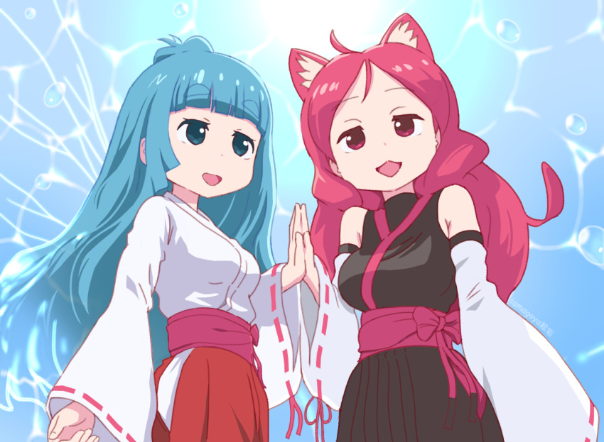 2girls :3 ahoge animal_ears bare_shoulders blue_eyes blue_hair bow breasts cat_ears commentary_request creator_connection crossover girl_(taremayu)_(irodori) japanese_clothes kemurikusa long_hair long_sleeves multiple_girls open_mouth red_bow red_eyes red_hair red_sash ribbon-trimmed_sleeves ribbon_trim ritsu_(kemurikusa) sash sleeves_past_fingers sleeves_past_wrists smile tamagoya taremayu_(irodori) water wide_sleeves