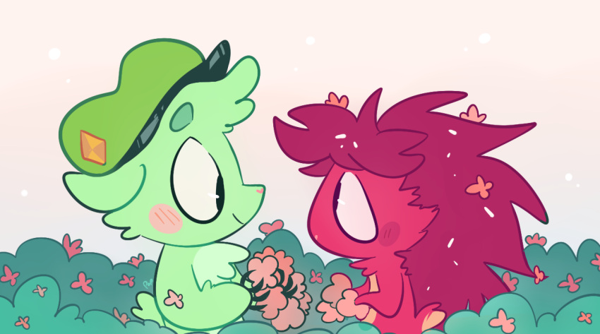 &lt;3 accessory blush claws duo eye_contact eyebrows female flaky_(htf) flippy_(htf) flower flower_in_hair fur green_body green_fur hair hair_accessory happy_tree_friends head_tuft heart_nose looking_at_another male mammal plant poplyy porcupine red_body red_fur red_hair rodent scut_tail semi-anthro short_tail signature small_tail smile tuft ursid
